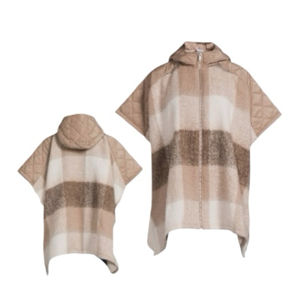 Time And Tru Stone Plaid Hooded Zipper Poncho Sweater - Picture 10 of 11